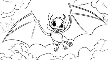 Coloring page of cheerful flying dragon with big wings in clouds