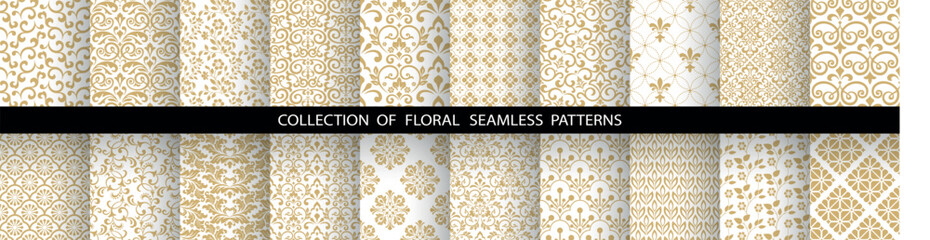 Geometric floral set of seamless patterns. White and golden vector backgrounds. Damask graphic ornaments
