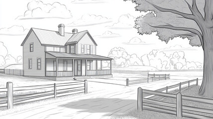 charming farmhouse illustration with tree and fence