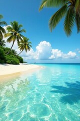 Obraz premium Crystal-clear water reflects vibrant sky, soft sand meets swaying palms , turquoise, tropical climate