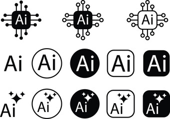AI Artificial intelligence icons set. Generate vectors. Ai enter by command prompt to generate ideas. Chat with Ai. Elements for web apps, computer help assistant isolated on transparent background.