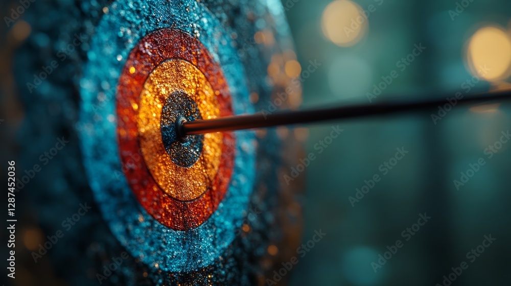 Poster Detailed view of arrow hitting the bullseye of a colorful target with sparkling lights, focus and precision concept