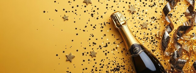 A champagne bottle and ribbon on a gold background