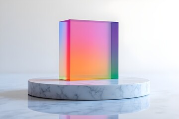 Colorful Gradient Glass Cube on Marble Display Platform