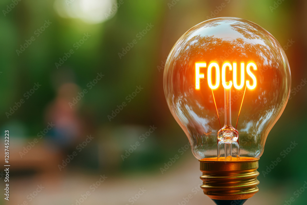Poster illuminated light bulb with the word focus glowing in a nature setting during daylight