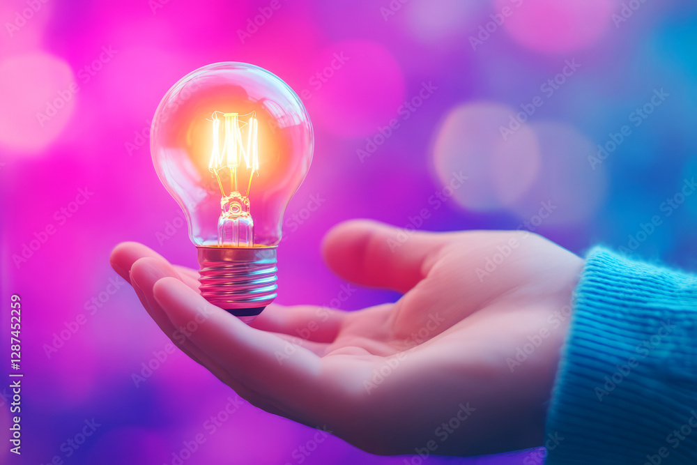 Poster hand holding glowing light bulb against colorful bokeh background creating warm atmosphere