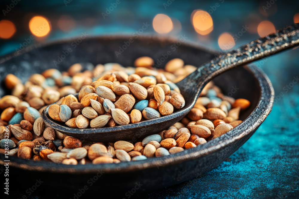 Poster assorted seeds in bowl with wooden spoon on textured background and soft bokeh lights