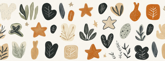 Colorful shapes and leaves on light background create playful design