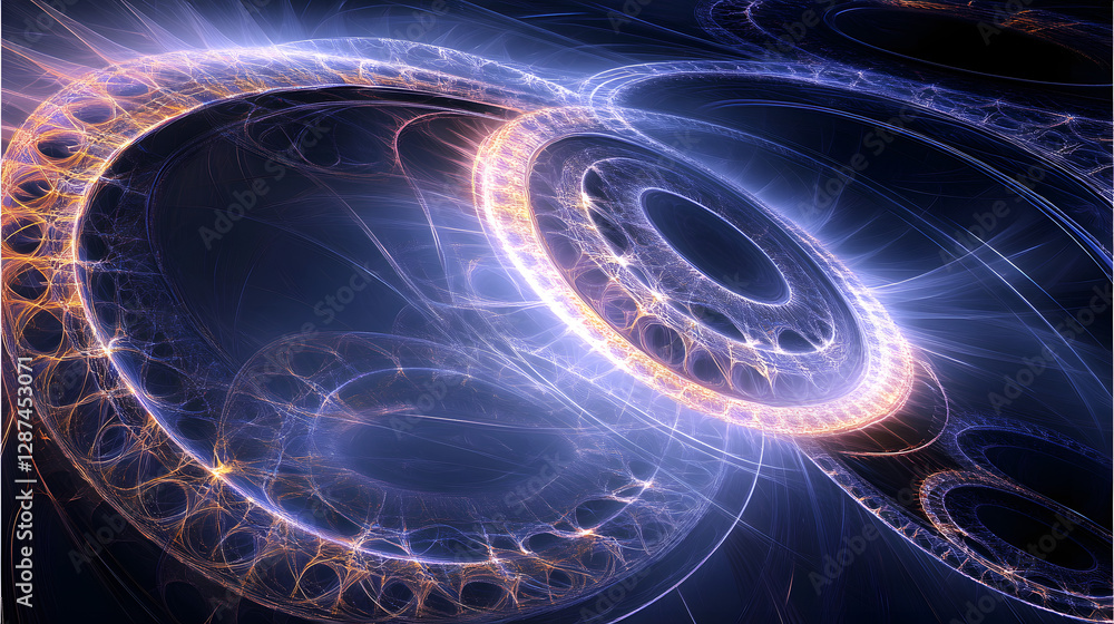 Poster computer screen displaying a blue and yellow abstract swirl pattern on a digital background