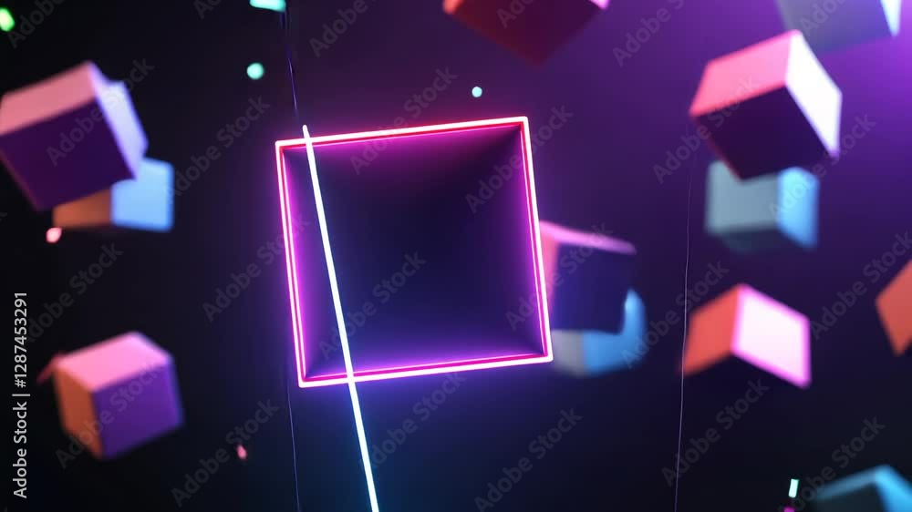 Aufkleber vibrant neon glowing cubes create dynamic scene in dark space with colorful floating shapes.