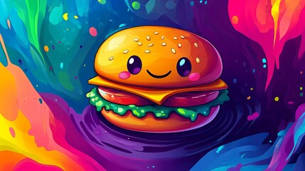 Happy Cartoon Burger In Vibrant Colorful Background