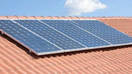 Solar panels on terracotta roof under a partly cloudy sky. Possible use Stock photo for renewable energy