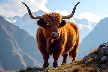 Majestic Highland Cow Gazing at Mountain Scenery