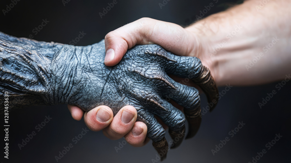 Poster human and creature handshake symbolizing unity between different worlds and realities