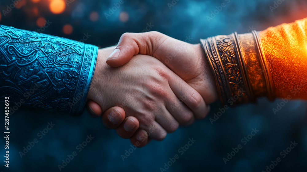 Poster symbolic handshake of unity between two cultures in a dynamic fantasy setting