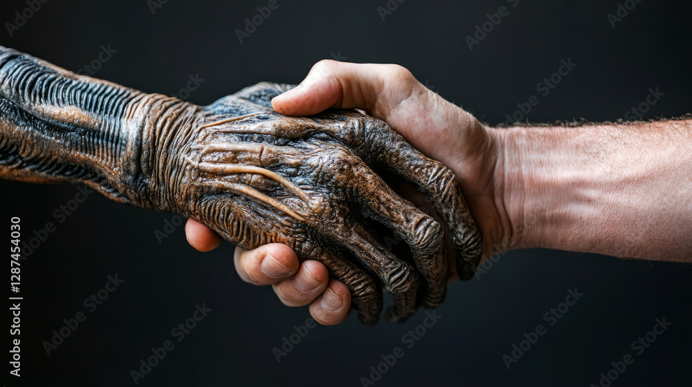 Poster uniting human and alien hands in a symbolic gesture of collaboration and understanding