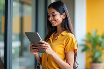 Fototapeta premium Young South Asian Woman with Long Hair in Yellow Shirt Using Tablet and Smiling Indoors Near Large Windows Surrounded by Green Plants in Modern Office