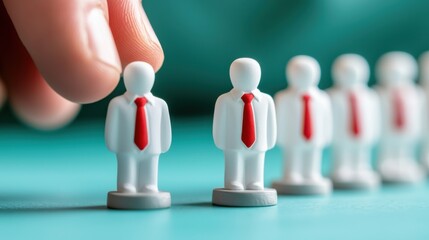 resource leadership human strategic HR concept. A hand selects a figurine among several, symbolizing leadership, choice, or recruitment in a business context.
