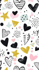 Fototapeta premium Colorful abstract pattern with hearts, stars, and dots on light background
