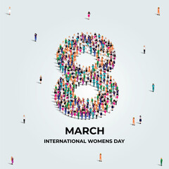 8th March happy international women's day concept. A large group of different professional women create number eight. Feminism. Women's equality day and women's empowerment.  Vector Illustration.