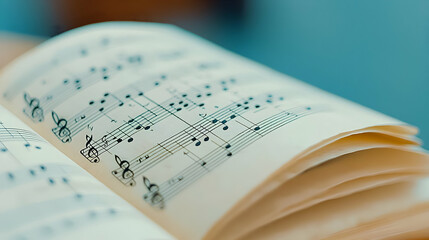 Naklejka premium Sheet music rests open on table, close-up; blurred background