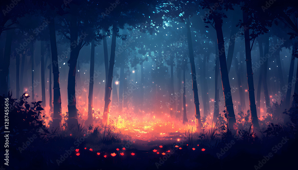 Poster enchanting digital art of a mystical forest path at night, glowing with fireflies and soft light, cr