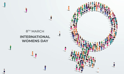 8th March happy international women's day concept. A large group of different professional Women form to create female sign. Feminism. Women’s equality and women's empowerment. Vector Illustration.