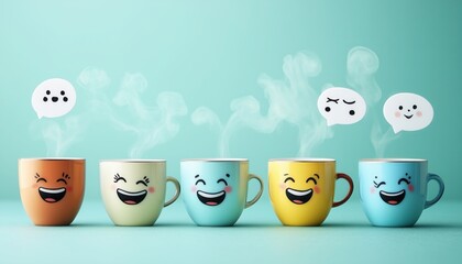 Playful Coffee Cups with Funny Expressions – Quirky and Whimsical Beverage Art - This bright and engaging artwork captures a joyful coffee culture vibe, perfect for cafes, coffee lovers, and creative 