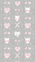 Cute pastel pattern with hearts, bears, and whales on gray background