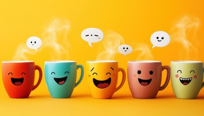 Playful Coffee Cups with Funny Expressions – Quirky and Whimsical Beverage Art - This bright and engaging artwork captures a joyful coffee culture vibe, perfect for cafes, coffee lovers, and creative 
