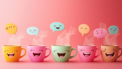 Playful Coffee Cups with Funny Expressions – Quirky and Whimsical Beverage Art - This bright and engaging artwork captures a joyful coffee culture vibe, perfect for cafes, coffee lovers, and creative 