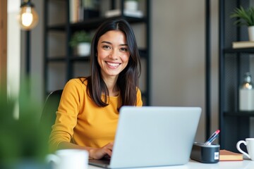 Smiling Young Asian Woman Working at a Modern Desk with Laptop in a Stylish Office Environment, Radiating Positivity and Focus