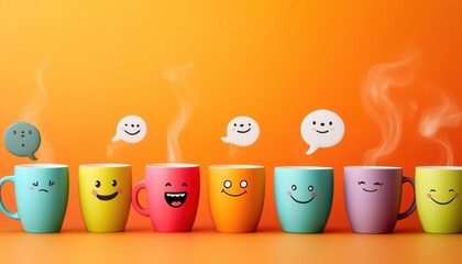 Playful Coffee Cups with Funny Expressions – Quirky and Whimsical Beverage Art - This bright and engaging artwork captures a joyful coffee culture vibe, perfect for cafes, coffee lovers, and creative 