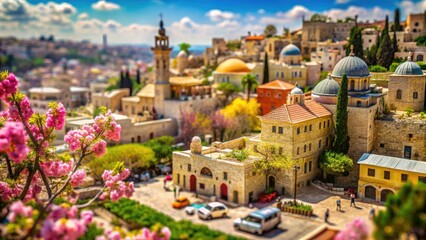 Fototapeta premium Jerusalem Springtime: Tilt-Shift Holy Cityscape - April Blossoms, Cobblestone Streets