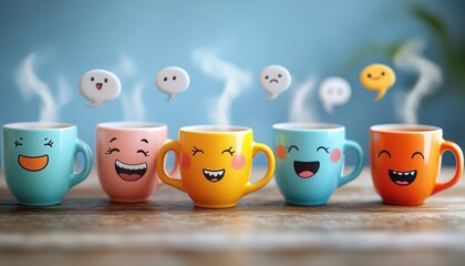 Playful Coffee Cups with Funny Expressions – Quirky and Whimsical Beverage Art - This bright and engaging artwork captures a joyful coffee culture vibe, perfect for cafes, coffee lovers, and creative 