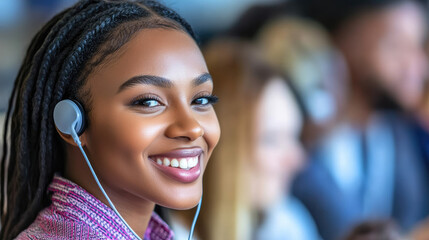 Smiling customer rep in office wears earphones, talks to customers. Shows positive work culture.