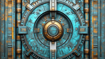Round closed metal door of the bank's vault. Entrance to a bunker or shelter. The concept of an entrance door in a spaceship. Data protection