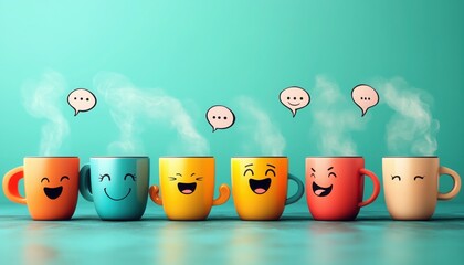 Playful Coffee Cups with Funny Expressions – Quirky and Whimsical Beverage Art - This bright and engaging artwork captures a joyful coffee culture vibe, perfect for cafes, coffee lovers, and creative 