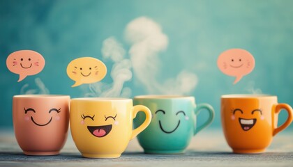 Playful Coffee Cups with Funny Expressions – Quirky and Whimsical Beverage Art - This bright and engaging artwork captures a joyful coffee culture vibe, perfect for cafes, coffee lovers, and creative 