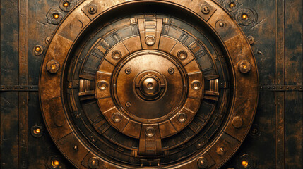 Obraz premium The bronze door of the old bunker. The concept of the shelter's entrance door. Reliable metal safe. Information protection. Cybersecurity. The locked bank door to the money vault. Gold