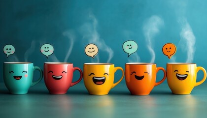 Playful Coffee Cups with Funny Expressions – Quirky and Whimsical Beverage Art - This bright and engaging artwork captures a joyful coffee culture vibe, perfect for cafes, coffee lovers, and creative 