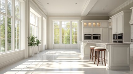 Fototapeta premium Bright white kitchen with large windows and island seating