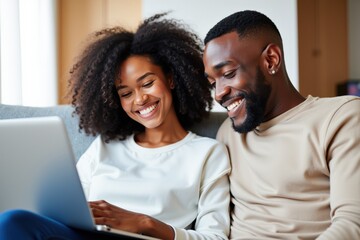 Smiling African American Couple Engaged in Online Activity on a Laptop in a Cozy Living Room Setting