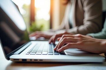 Couple of Young Adults Engaging in Remote Work at a Bright Home Office Setting, Using Laptops with Natural Light Flowing In, Fostering Productivity and Collaboration