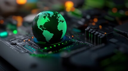 Digital earth futuristic tech, A green illuminated globe on circuit board