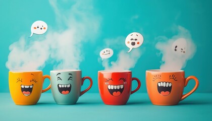 Playful Coffee Cups with Funny Expressions – Quirky and Whimsical Beverage Art - This bright and engaging artwork captures a joyful coffee culture vibe, perfect for cafes, coffee lovers, and creative 