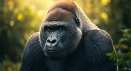 Fototapeta premium Portrait of a thoughtful gorilla amidst lush green foliage