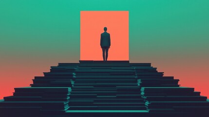 Growth Mindset concept. Ascending the Staircase of Knowledge A Silhouetted Figure Ascends Towards Opportunity