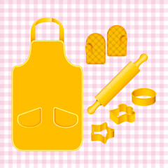 Vector baking and cooking tools, molds, aprons, oven mitts, flour reel
