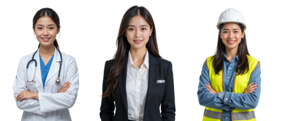 Three professional Asian women representing different careers: doctor, businesswoman, and construction engineer. Transparent background.